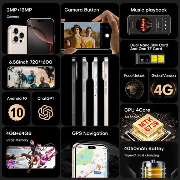 I16 Pro Max / PDQ6, 4GB+64GB, 6.58 inch Android 10 MTK6739 Quad Core, Network: 4G, Dual SIM, Plug:UK Plug(Gold)