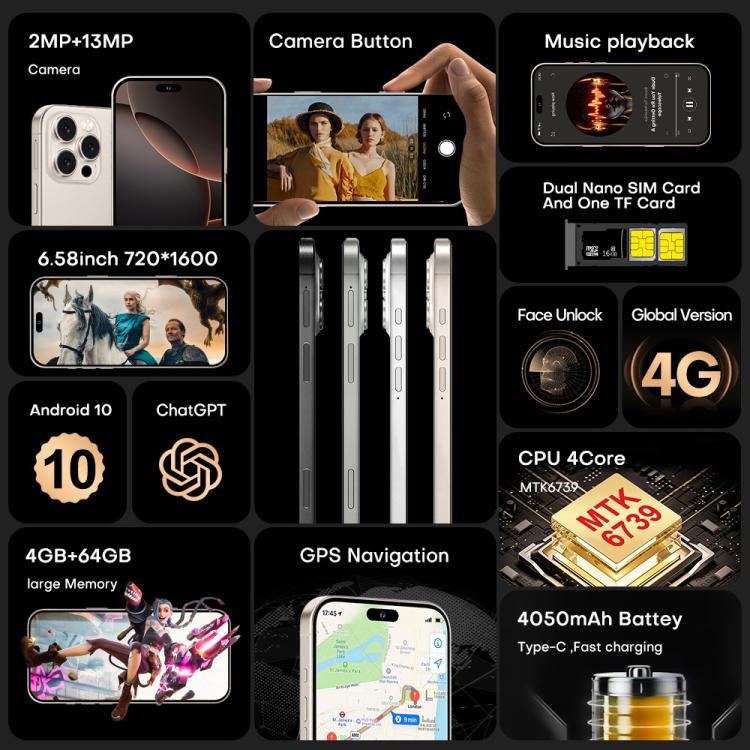 I16 Pro Max / PDQ6, 4GB+64GB, 6.58 inch Android 10 MTK6739 Quad Core, Network: 4G, Dual SIM, Plug:UK Plug(Gold)
