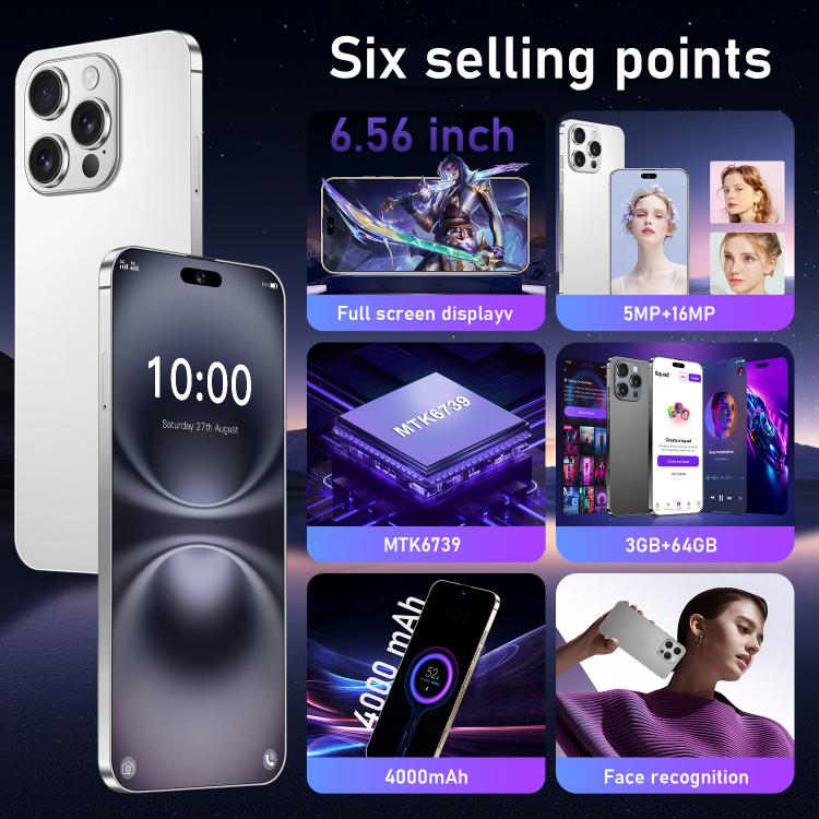 I16 Pro Max / RAi3, 3GB+64GB, 6.56 inch Android 10 MTK6739 Quad Core, Network: 4G, Dual SIM, Plug:US Plug(White)
