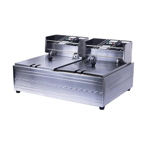 Multifunctional Commercial Stainless Steel Thick Electric Fryer Electric Boiler, Dual Cylinder 12L+Temperature Limiter(UK Plug)