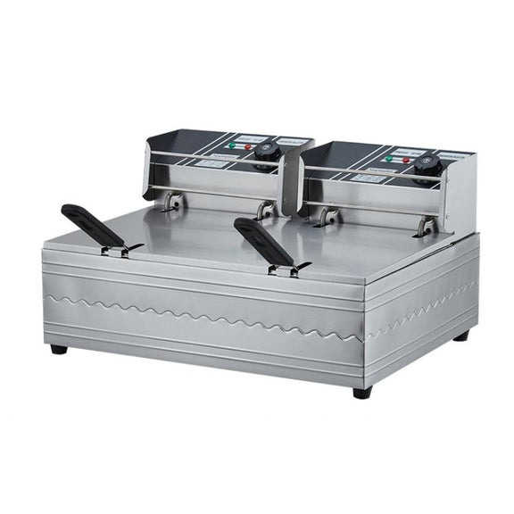 Multifunctional Commercial Stainless Steel Thick Electric Fryer Electric Boiler, Single Cylinder Dual-head 12L+Timer(UK Plug)