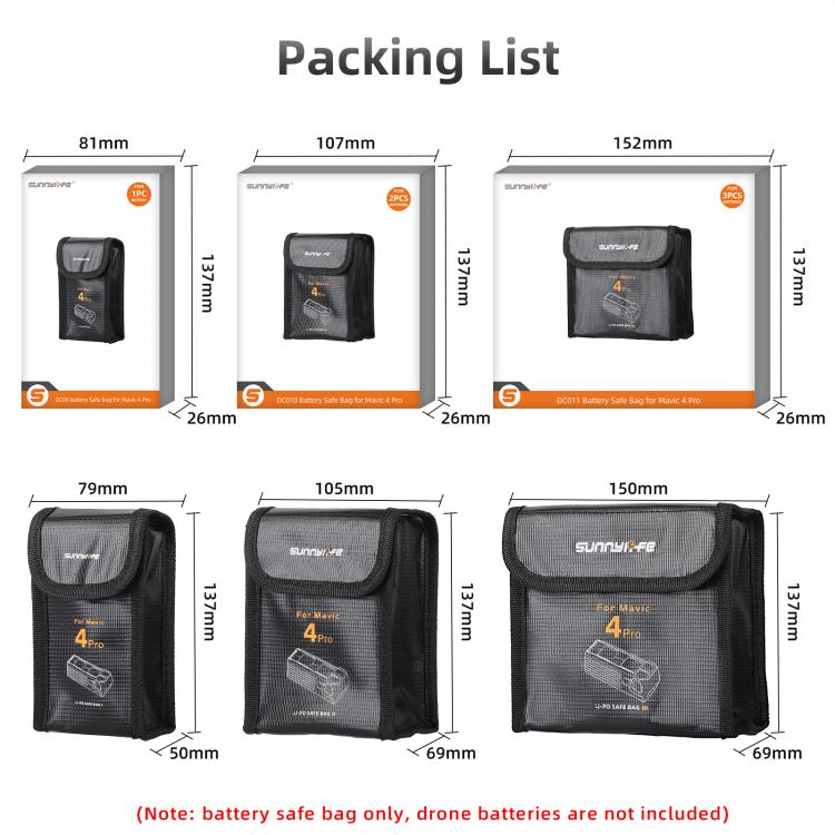 For DJI Mavic 4 Pro Sunnylife Battery Explosion-proof Safe Bag Protective Li-Po Safe Bag(For 2pcs Batteries)