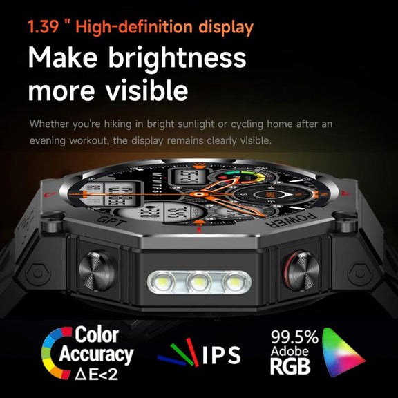 KC91 1.39 inch IPS Screen 3ATM Outdoor GPS Smart Watch with Flashlight(Black)