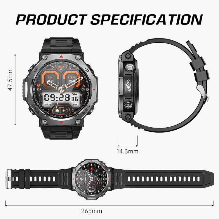 KT85 1.43 inch Screen 5ATM Outdoor Sports Smart Watch with Strong Flashlight(Black) - Smart Watches by PMC TechLife | Online Shopping South Africa | PMC TechLife | Buy Now Pay Later Mobicred