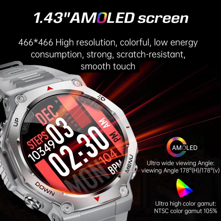 KT85 1.43 inch Screen 5ATM Outdoor Sports Smart Watch with Strong Flashlight(Grey)