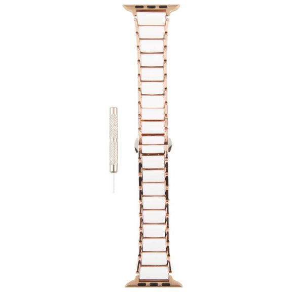 For Apple Watch 46mm / 49mm / 45mm / 44mm Three Beads Ceramics 18mm Steel Watch Band(Rose Gold White)