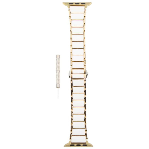 For Apple Watch 46mm / 49mm / 45mm / 44mm Three Beads Ceramics 18mm Steel Watch Band(Gold White)