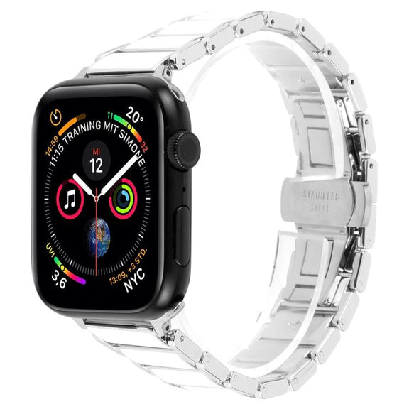 For Apple Watch 46mm / 49mm / 45mm / 44mm Three Beads Ceramics 18mm Steel Watch Band(Silver White)