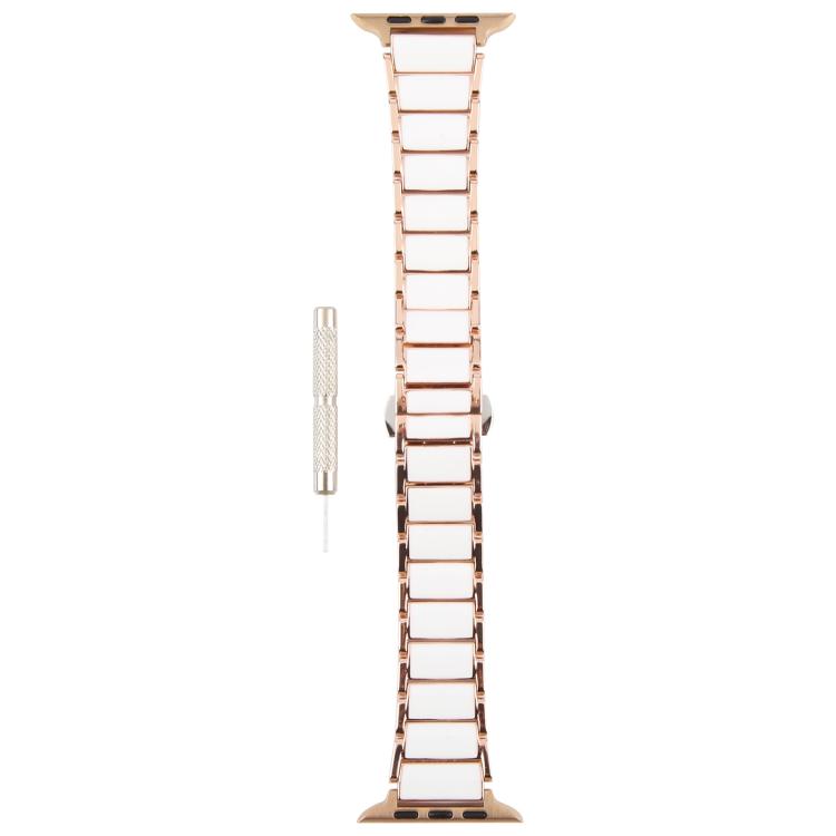 For Apple Watch 42mm / 41mm / 40mm / 38mm Three Beads Ceramics 18mm Steel Watch Band(Rose Gold White)