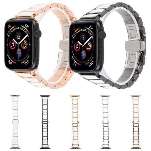 For Apple Watch 42mm / 41mm / 40mm / 38mm Three Beads Ceramics 18mm Steel Watch Band(Gold White)