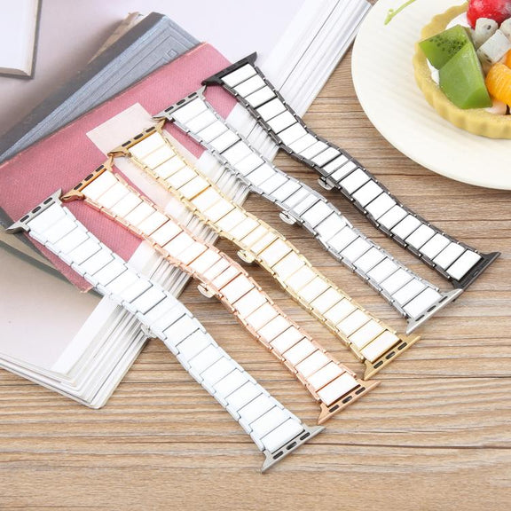 For Apple Watch 46mm / 49mm / 45mm / 44mm Three Beads Ceramics 18mm Steel Watch Band(Rose Gold White)