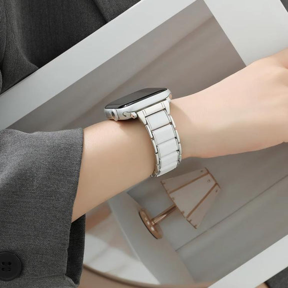 For Apple Watch 42mm / 41mm / 40mm / 38mm Three Beads Ceramics 18mm Steel Watch Band(Silver White)