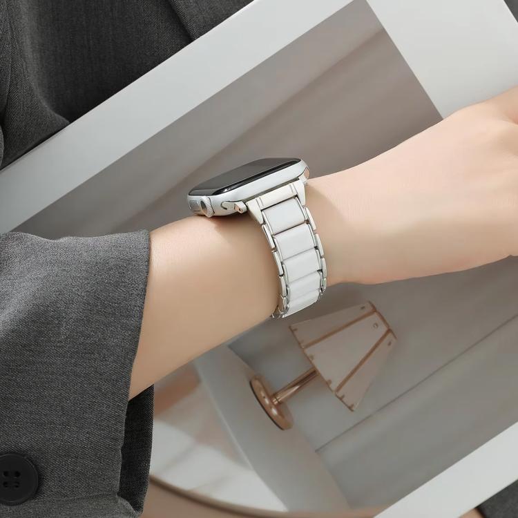 For Apple Watch 46mm / 49mm / 45mm / 44mm Three Beads Ceramics 18mm Steel Watch Band(Rose Gold White)