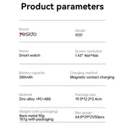Yesido IO31 1.43 inch AMOLED Screen Smart Watch Support BT Call / Heart Rate(Black)
