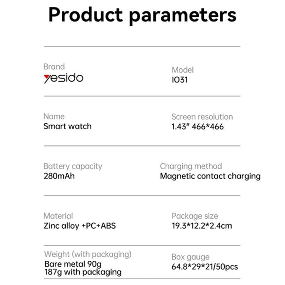 Yesido IO31 1.43 inch AMOLED Screen Smart Watch Support BT Call / Heart Rate(Black)