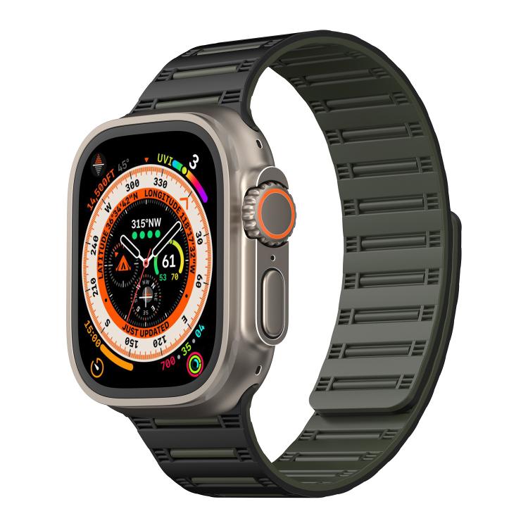 For Apple Watch 46mm / 49mm / 45mm / 44mm Cylinder Magnetic Two-color Loop Silicone Watch Band(Black Army Green) - free shipping - PMC TechLife - Order now!