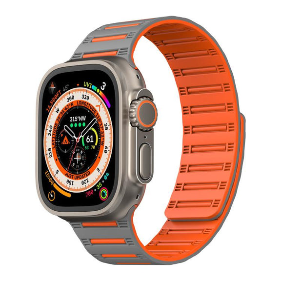 For Apple Watch 46mm / 49mm / 45mm / 44mm Cylinder Magnetic Two-color Loop Silicone Watch Band(Grey Orange)