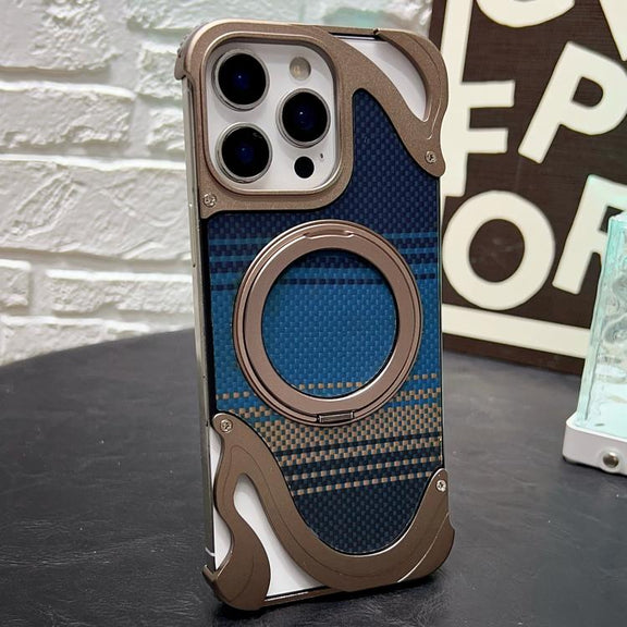 For iPhone 15 Pro Max Metal Frameless 360 Degree Rotation Holder MagSafe Phone Case(Dessert Gold)