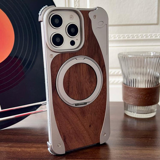 For iPhone 16 Pro Max Walnut Metal Frameless 360 Degree Rotation Holder MagSafe Phone Case(Titanium Color) - free shipping - PMC Jewellery - Order now!