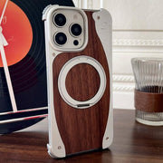 For iPhone 16 Pro Walnut Metal Frameless 360 Degree Rotation Holder MagSafe Phone Case(Silver)