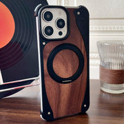 For iPhone 15 Pro Max Walnut Metal Frameless 360 Degree Rotation Holder MagSafe Phone Case(Black)