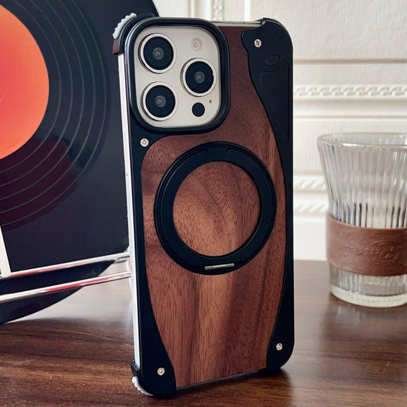 For iPhone 15 Pro Max Walnut Metal Frameless 360 Degree Rotation Holder MagSafe Phone Case(Black)