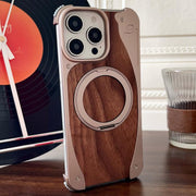 For iPhone 15 Pro Max Walnut Metal Frameless 360 Degree Rotation Holder MagSafe Phone Case(Dessert Gold)