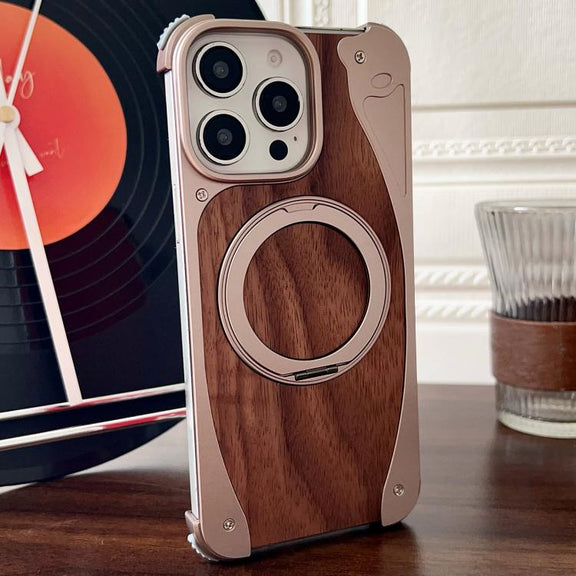 For iPhone 15 Pro Max Walnut Metal Frameless 360 Degree Rotation Holder MagSafe Phone Case(Dessert Gold)