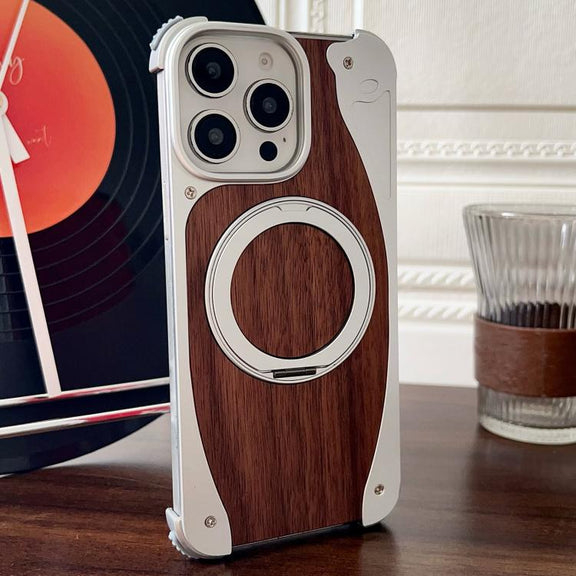 For iPhone 15 Pro Max Walnut Metal Frameless 360 Degree Rotation Holder MagSafe Phone Case(Silver)