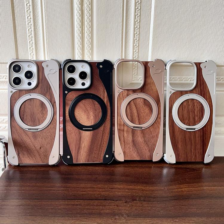 For iPhone 15 Pro Max Walnut Metal Frameless 360 Degree Rotation Holder MagSafe Phone Case(Black) - free shipping - PMC TechLife - Order now!