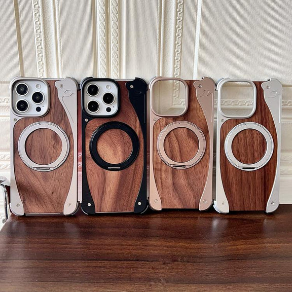 For iPhone 15 Pro Walnut Metal Frameless 360 Degree Rotation Holder MagSafe Phone Case(Silver)