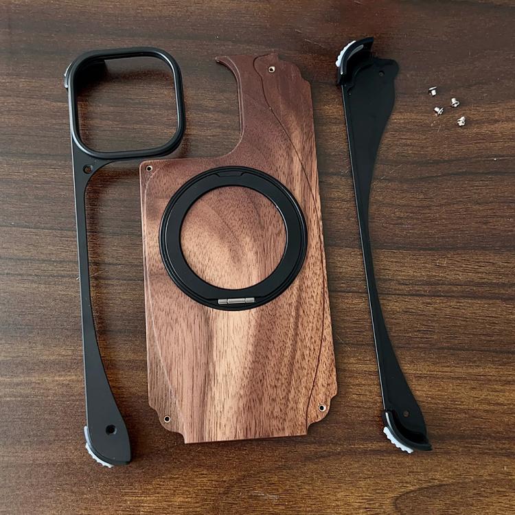 For iPhone 16 Pro Max Walnut Metal Frameless 360 Degree Rotation Holder MagSafe Phone Case(Black)