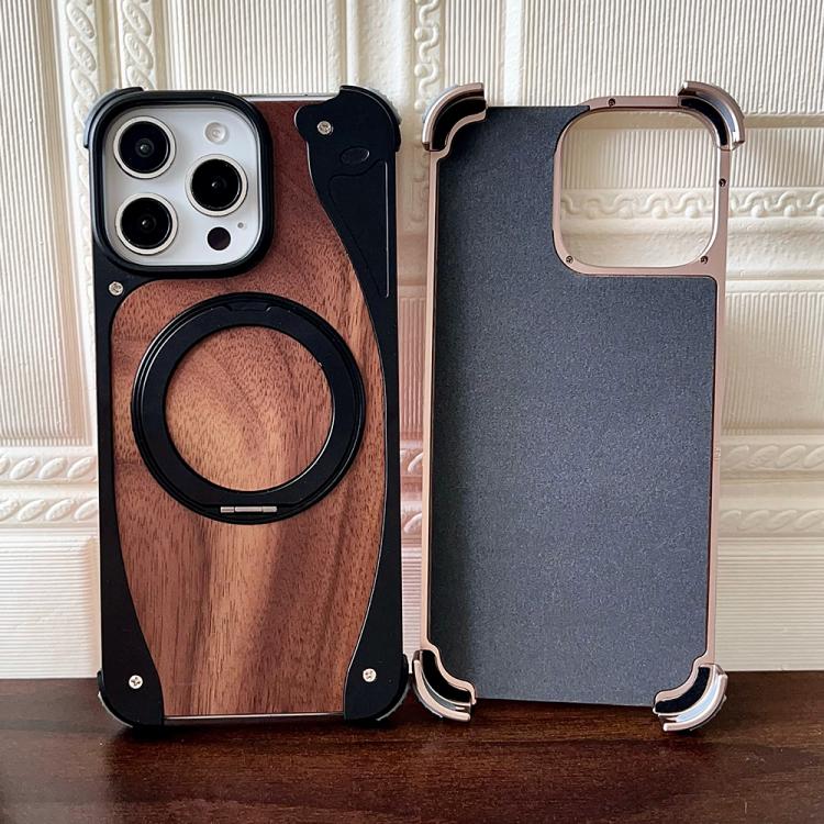 For iPhone 15 Pro Max Walnut Metal Frameless 360 Degree Rotation Holder MagSafe Phone Case(Black)