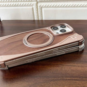 For iPhone 15 Pro Max Walnut Metal Frameless 360 Degree Rotation Holder MagSafe Phone Case(Titanium Color)