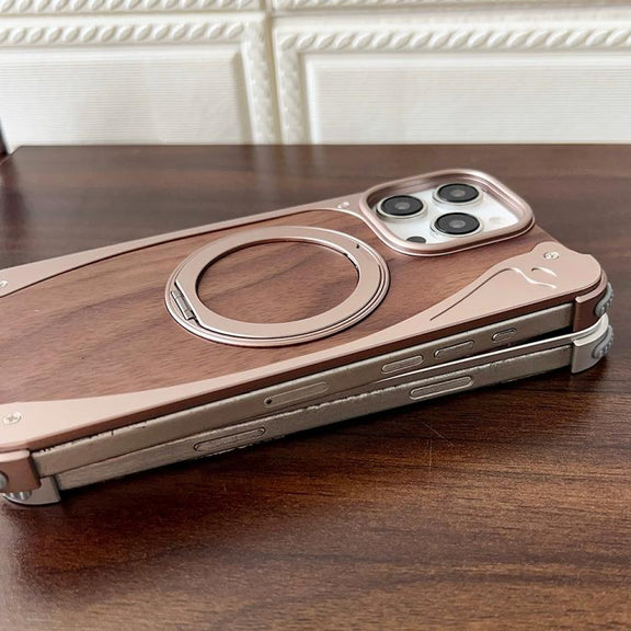 For iPhone 15 Pro Max Walnut Metal Frameless 360 Degree Rotation Holder MagSafe Phone Case(Dessert Gold)