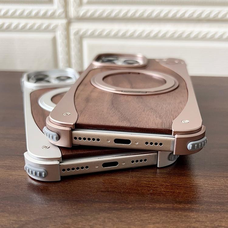 For iPhone 15 Pro Walnut Metal Frameless 360 Degree Rotation Holder MagSafe Phone Case(Black)