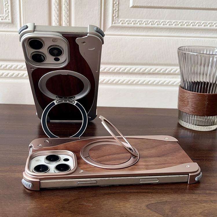 For iPhone 15 Pro Max Walnut Metal Frameless 360 Degree Rotation Holder MagSafe Phone Case(Silver) - free shipping - PMC TechLife - Order now!