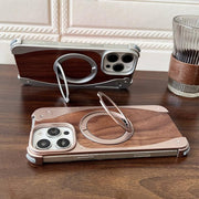 For iPhone 15 Pro Walnut Metal Frameless 360 Degree Rotation Holder MagSafe Phone Case(Titanium Color)