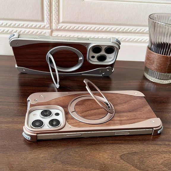 For iPhone 15 Pro Max Walnut Metal Frameless 360 Degree Rotation Holder MagSafe Phone Case(Titanium Color)