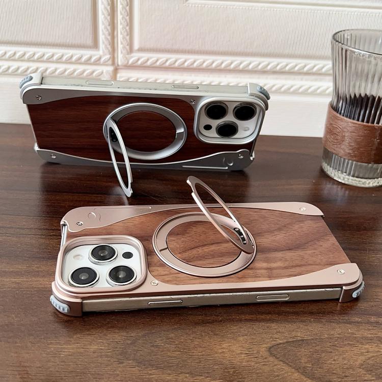 For iPhone 16 Pro Max Walnut Metal Frameless 360 Degree Rotation Holder MagSafe Phone Case(Titanium Color)