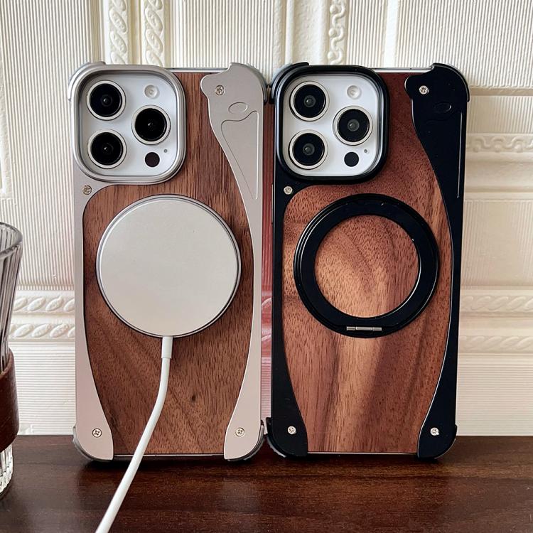 For iPhone 15 Pro Max Walnut Metal Frameless 360 Degree Rotation Holder MagSafe Phone Case(Titanium Color) - free shipping - PMC TechLife - Order now!