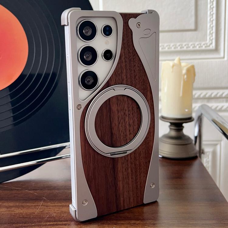 For Samsung Galaxy S25 Ultra 5G Walnut Metal Frameless 360 Degree Rotation Holder MagSafe Phone Case(Titanium Color) - free shipping - PMC TechLife - Order now!