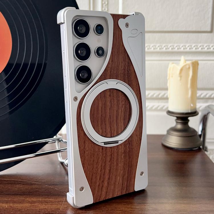 For Samsung Galaxy S24 Ultra 5G Walnut Metal Frameless 360 Degree Rotation Holder MagSafe Phone Case(Silver) - free shipping - PMC TechLife - Order now!