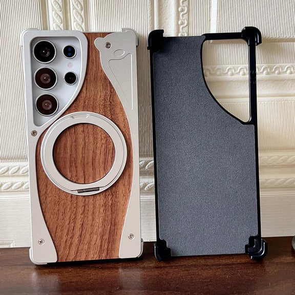 For Samsung Galaxy S24 Ultra 5G Walnut Metal Frameless 360 Degree Rotation Holder MagSafe Phone Case(Silver)