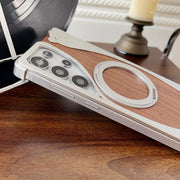 For Samsung Galaxy S23 Ultra 5G Walnut Metal Frameless 360 Degree Rotation Holder MagSafe Phone Case(Silver)