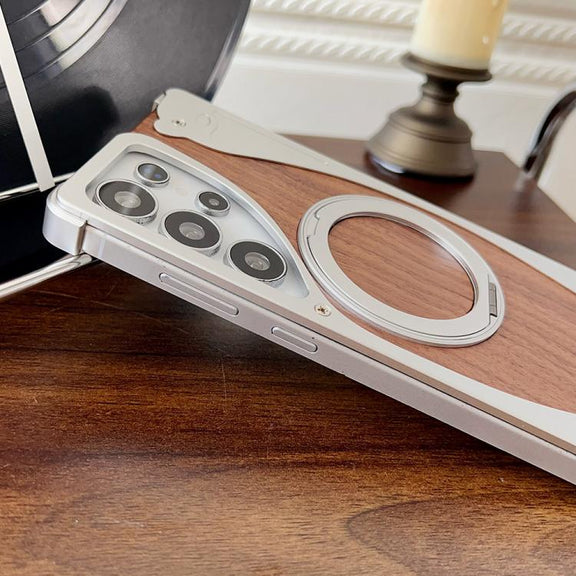 For Samsung Galaxy S24 Ultra 5G Walnut Metal Frameless 360 Degree Rotation Holder MagSafe Phone Case(Silver)