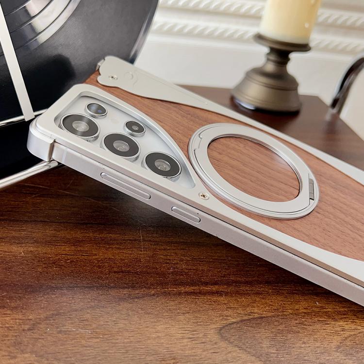 For Samsung Galaxy S24 Ultra 5G Walnut Metal Frameless 360 Degree Rotation Holder MagSafe Phone Case(Silver)