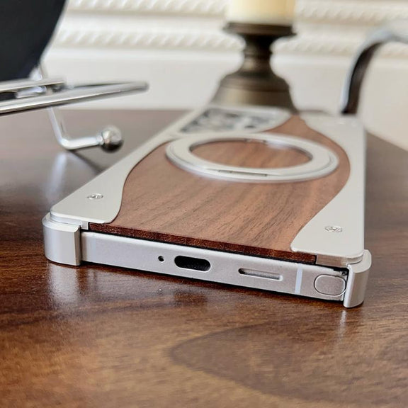 For Samsung Galaxy S23 Ultra 5G Walnut Metal Frameless 360 Degree Rotation Holder MagSafe Phone Case(Silver)