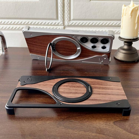 For Samsung Galaxy S23 Ultra 5G Walnut Metal Frameless 360 Degree Rotation Holder MagSafe Phone Case(Silver)