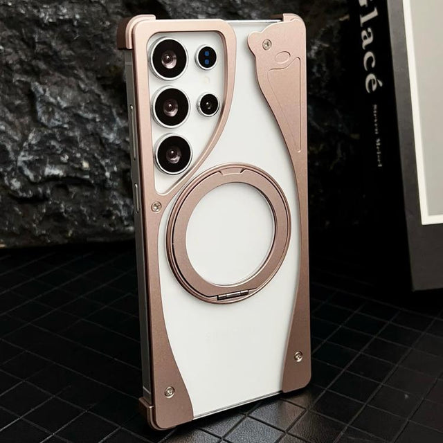 For Samsung Galaxy S23 Ultra 5G Metal Frameless 360 Degree Rotation Holder MagSafe Transparent Phone Case(Dessert Gold)